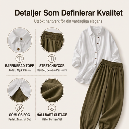Damset med lös skjorta och draperade byxor