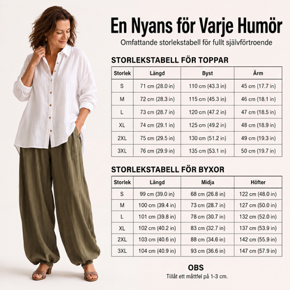Damset med lös skjorta och draperade byxor