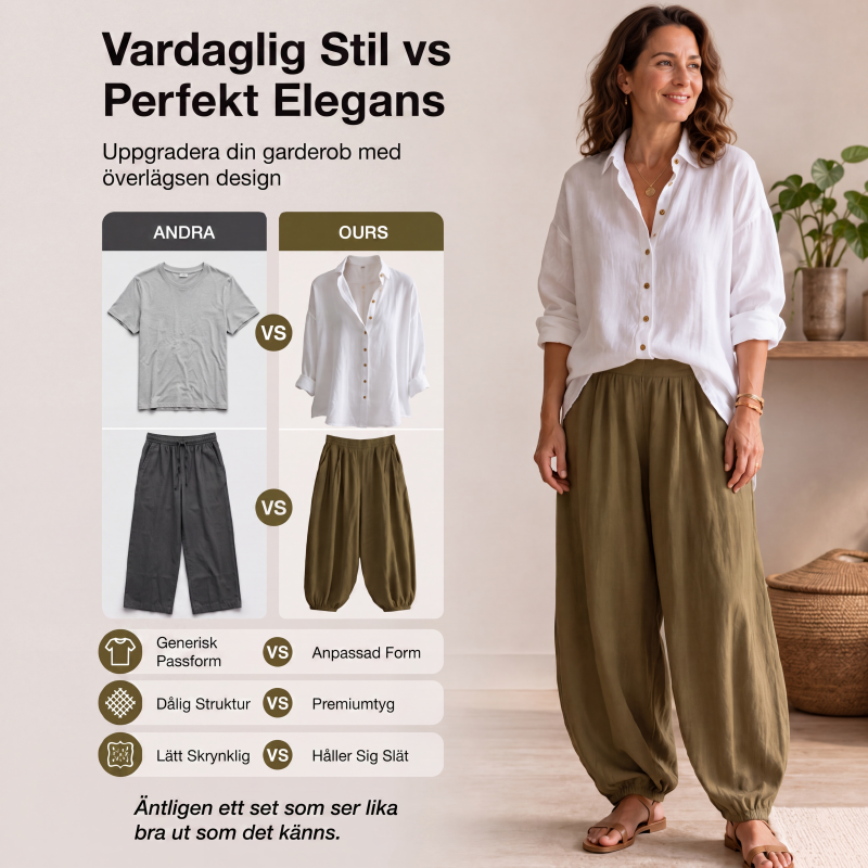 Damset med lös skjorta och draperade byxor
