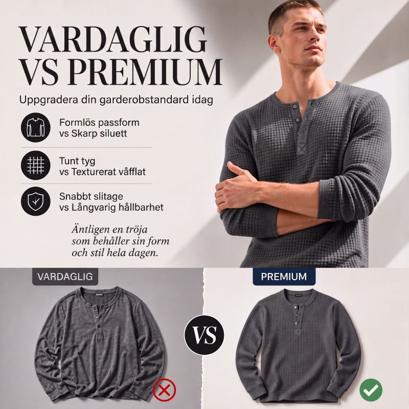 Långärmad Henley-tröja i våffelstickning för män