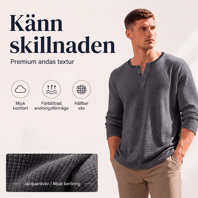Långärmad Henley-tröja i våffelstickning för män