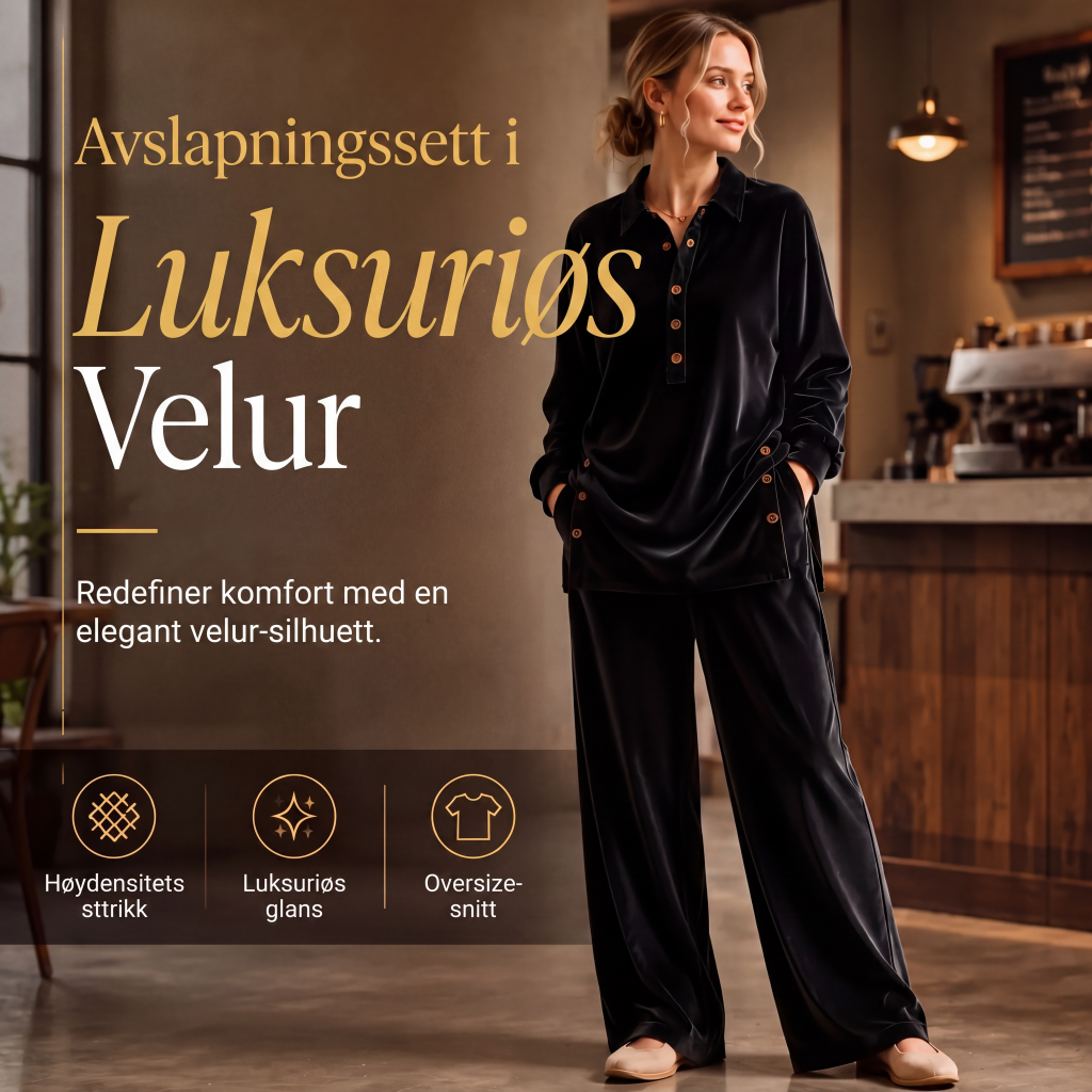 Dame sett: langermet fløyelskjorte og vide bukser