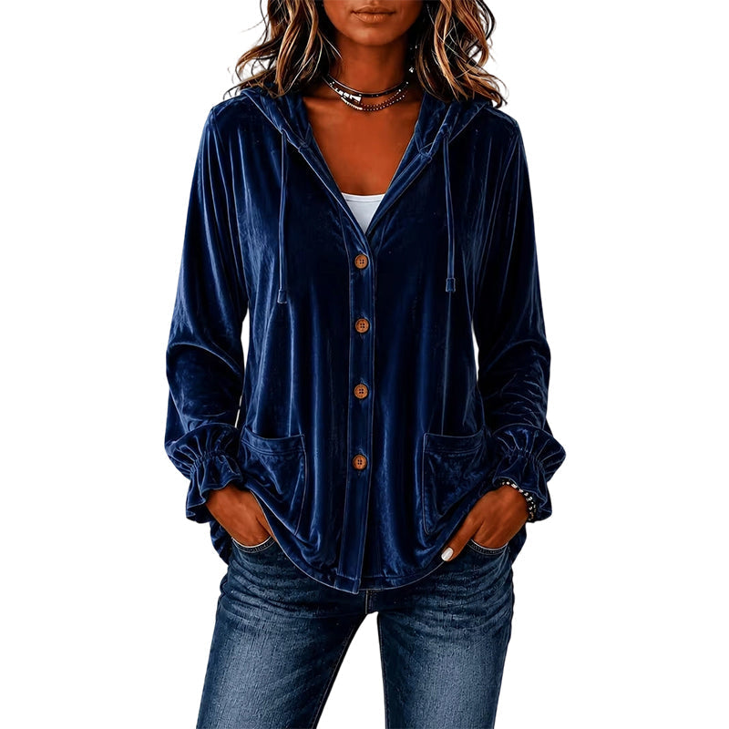 🌸🧥Nyheter – Hoodiejacka i sammet för damer med volangärmar