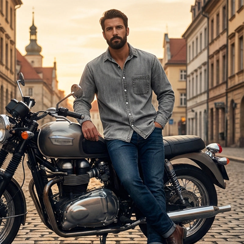 👔Klassisk tvättad denimskjorta för män