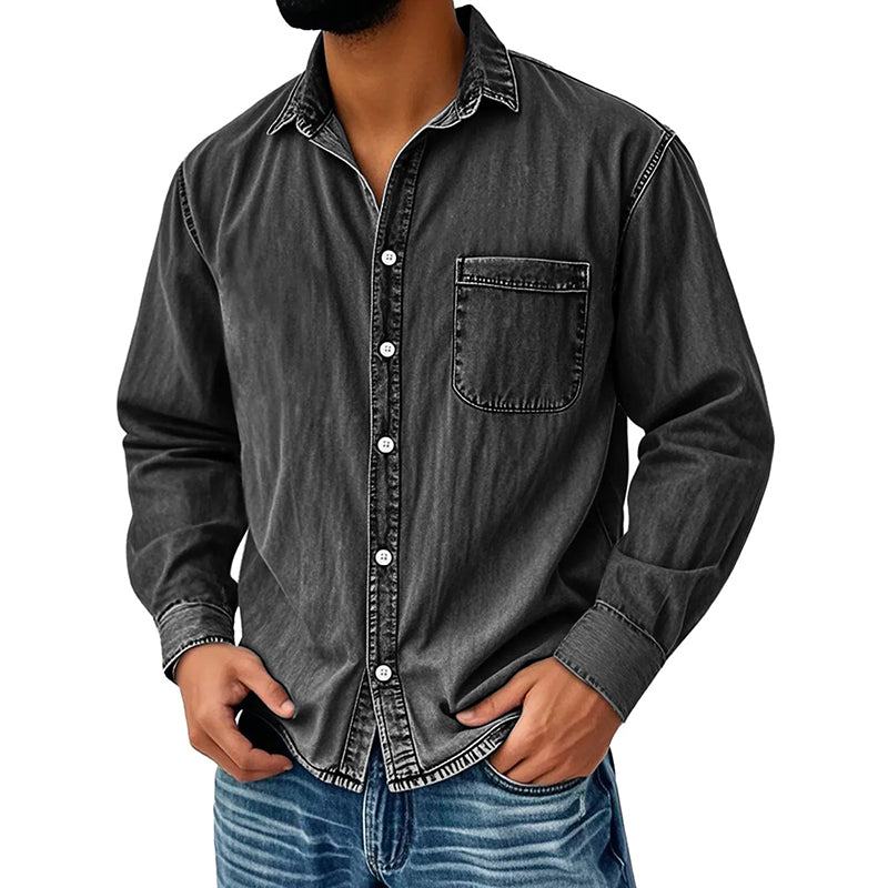 👔Klassisk tvättad denimskjorta för män