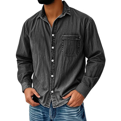 👔Klassisk tvättad denimskjorta för män