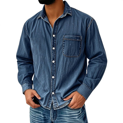 👔Klassisk tvättad denimskjorta för män