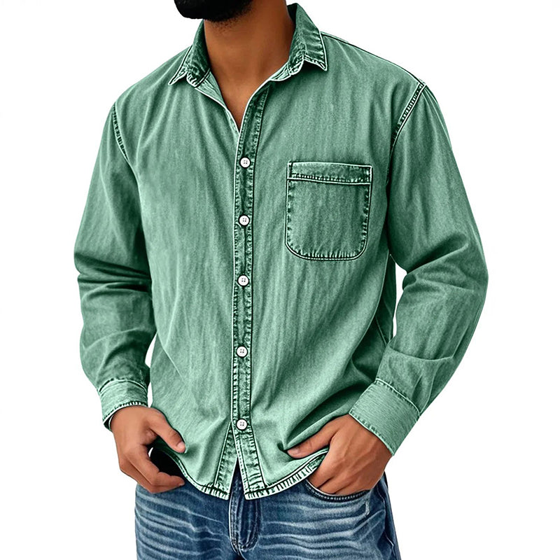 👔Klassisk tvättad denimskjorta för män