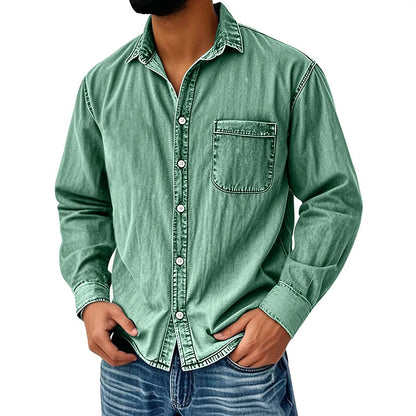 👔Klassisk tvättad denimskjorta för män