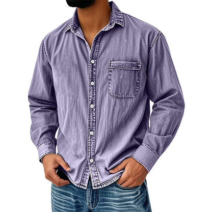 👔Klassisk tvättad denimskjorta för män