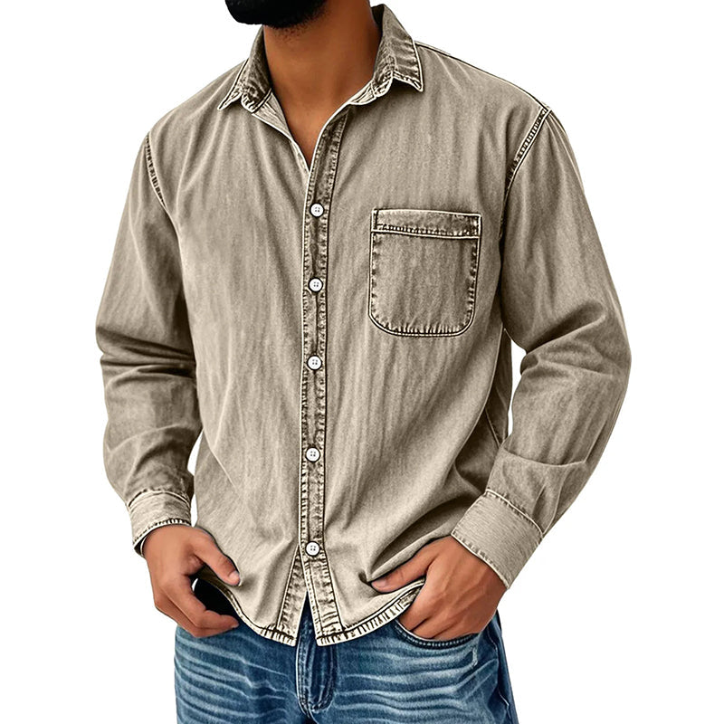 👔Klassisk tvättad denimskjorta för män