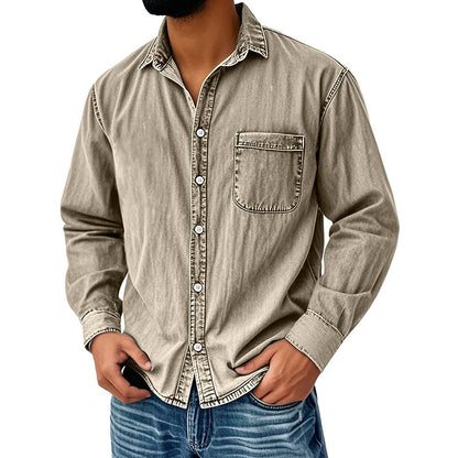 👔Klassisk tvättad denimskjorta för män