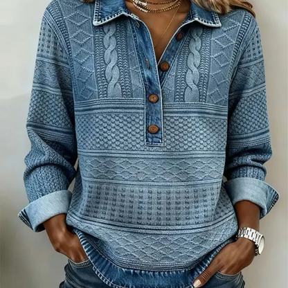 Långärmad skjorta för kvinnor med lapptäcke i denim och krage