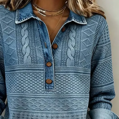 Långärmad skjorta för kvinnor med lapptäcke i denim och krage