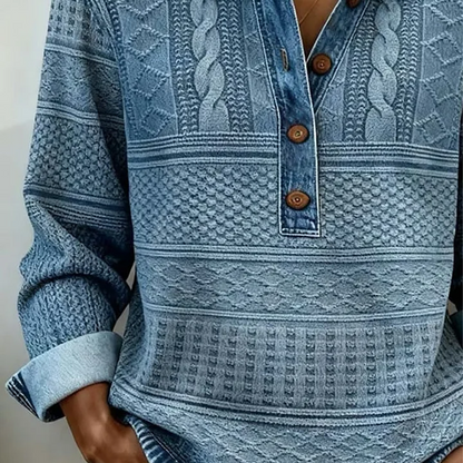 Långärmad skjorta för kvinnor med lapptäcke i denim och krage