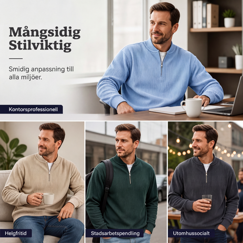 Herrers manchestertröja med kvartsdragkedja, ledig tröja med ståndkrage och långa ärmar