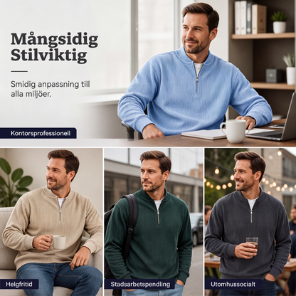 Herrers manchestertröja med kvartsdragkedja, ledig tröja med ståndkrage och långa ärmar