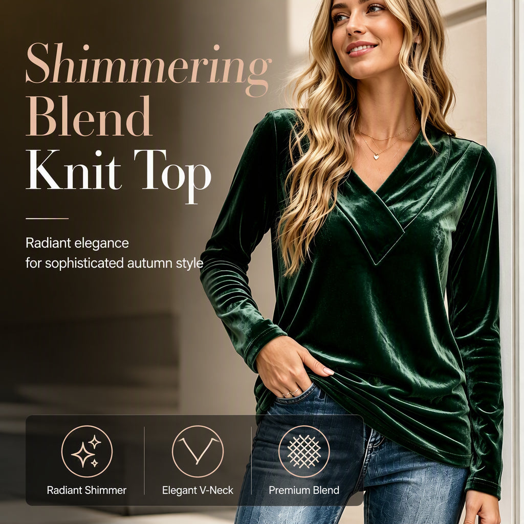👚Säsongens stil – Ljus V-ringad topp med normal passform – Mjuk struktur och elegant glans för svalare dagar