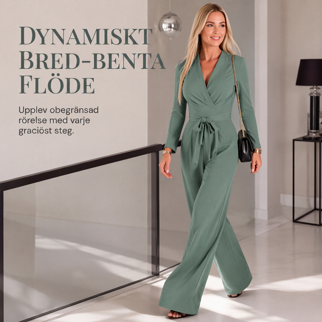 Kvinnlig jumpsuit med långa ärmar, V-ringning och skärp