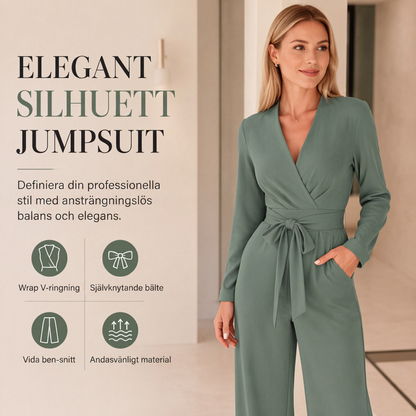 Kvinnlig jumpsuit med långa ärmar, V-ringning och skärp
