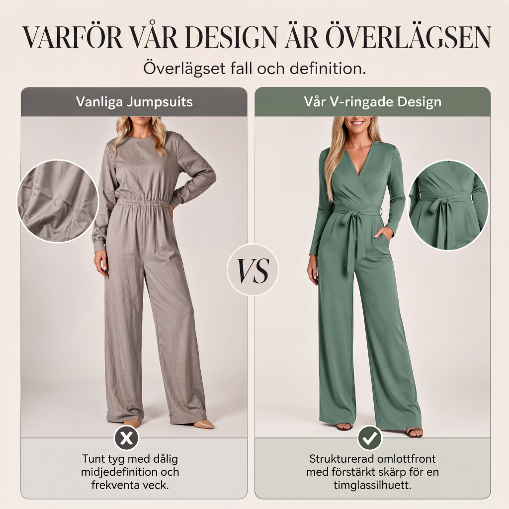 Kvinnlig jumpsuit med långa ärmar, V-ringning och skärp