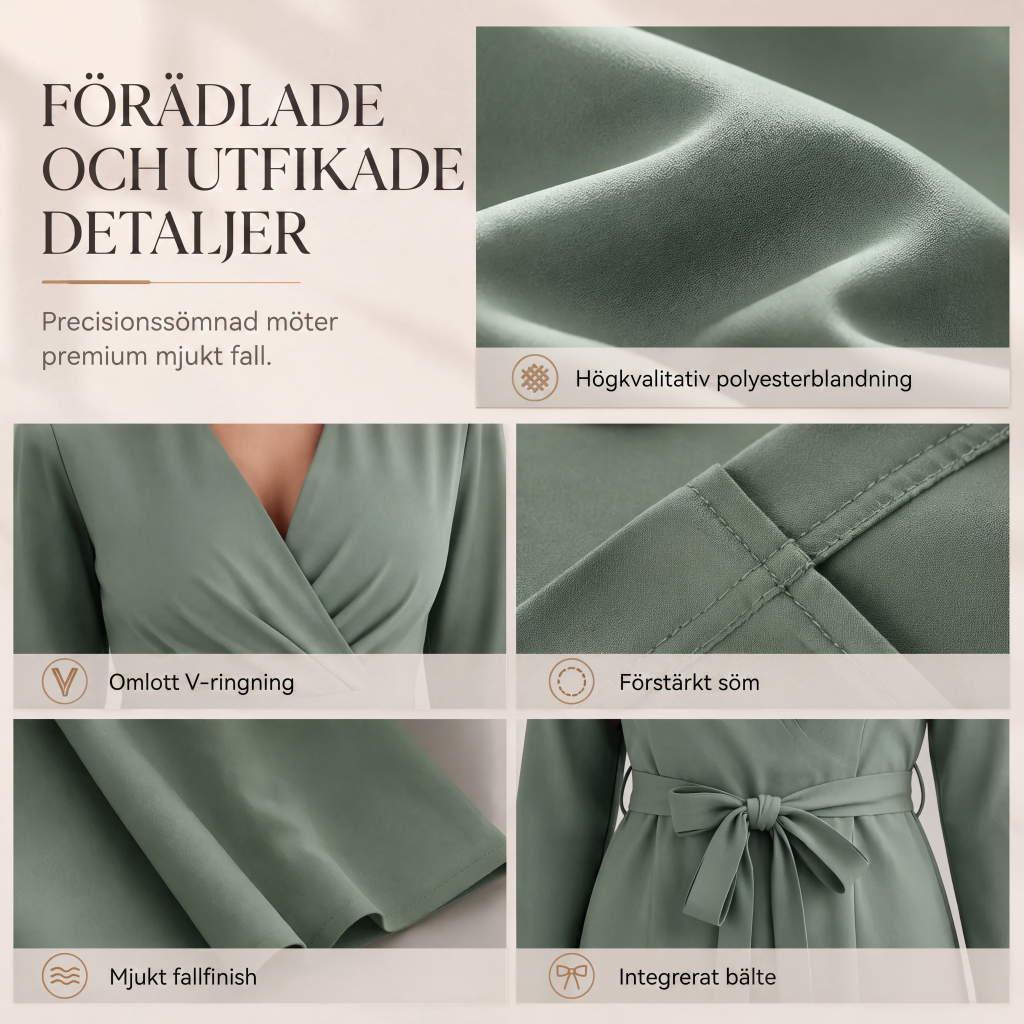 Kvinnlig jumpsuit med långa ärmar, V-ringning och skärp