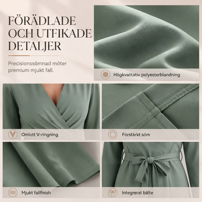 Kvinnlig jumpsuit med långa ärmar, V-ringning och skärp