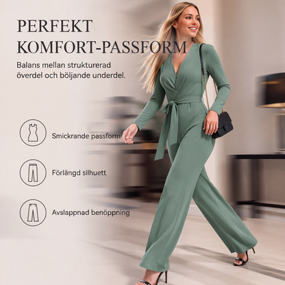 Kvinnlig jumpsuit med långa ärmar, V-ringning och skärp