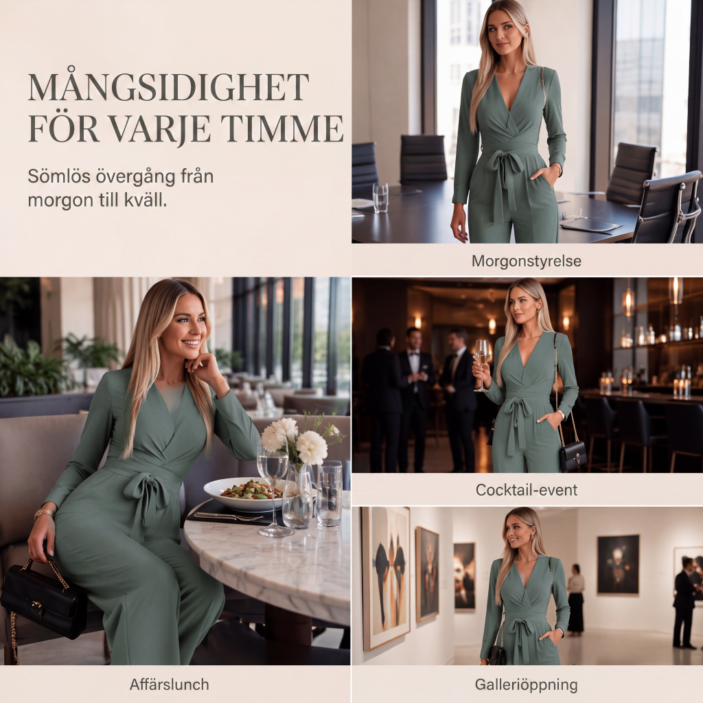Kvinnlig jumpsuit med långa ärmar, V-ringning och skärp