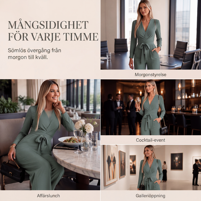 Kvinnlig jumpsuit med långa ärmar, V-ringning och skärp