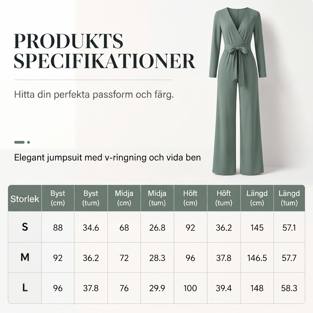 Kvinnlig jumpsuit med långa ärmar, V-ringning och skärp