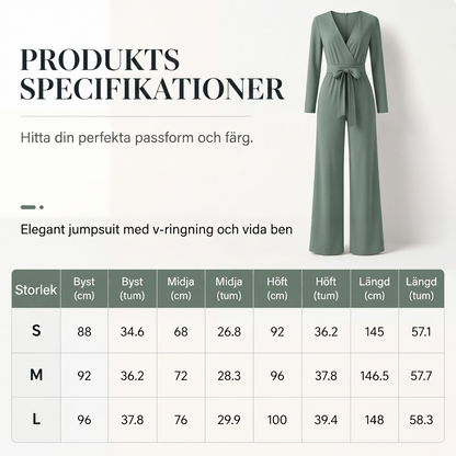 Kvinnlig jumpsuit med långa ärmar, V-ringning och skärp