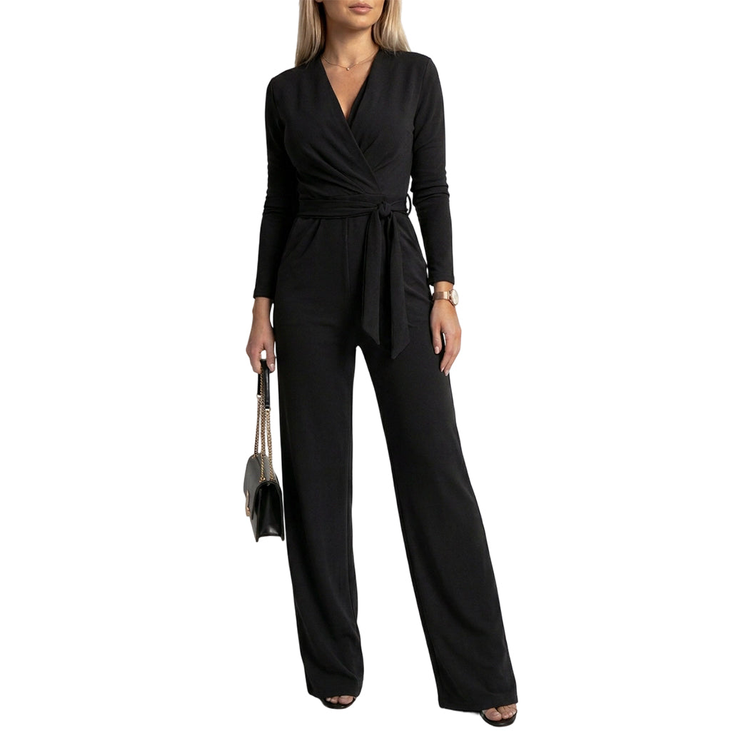 Kvinnlig jumpsuit med långa ärmar, V-ringning och skärp