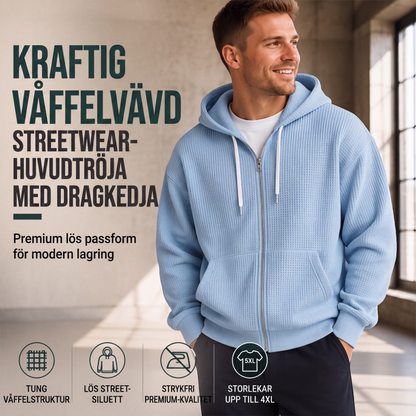 Herrhoodtröja med hel dragkedja och våffelstickning