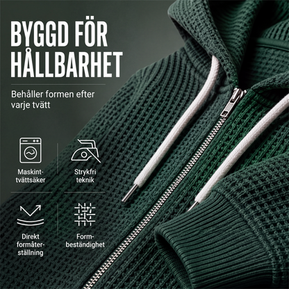 Herrhoodtröja med hel dragkedja och våffelstickning