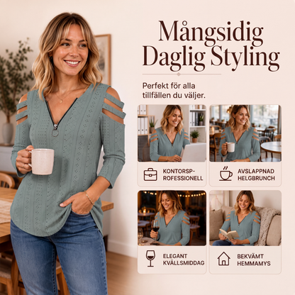T-shirt med dragkedja och cold shoulder-design för kvinnor