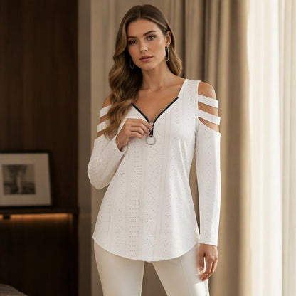T-shirt med dragkedja och cold shoulder-design för kvinnor