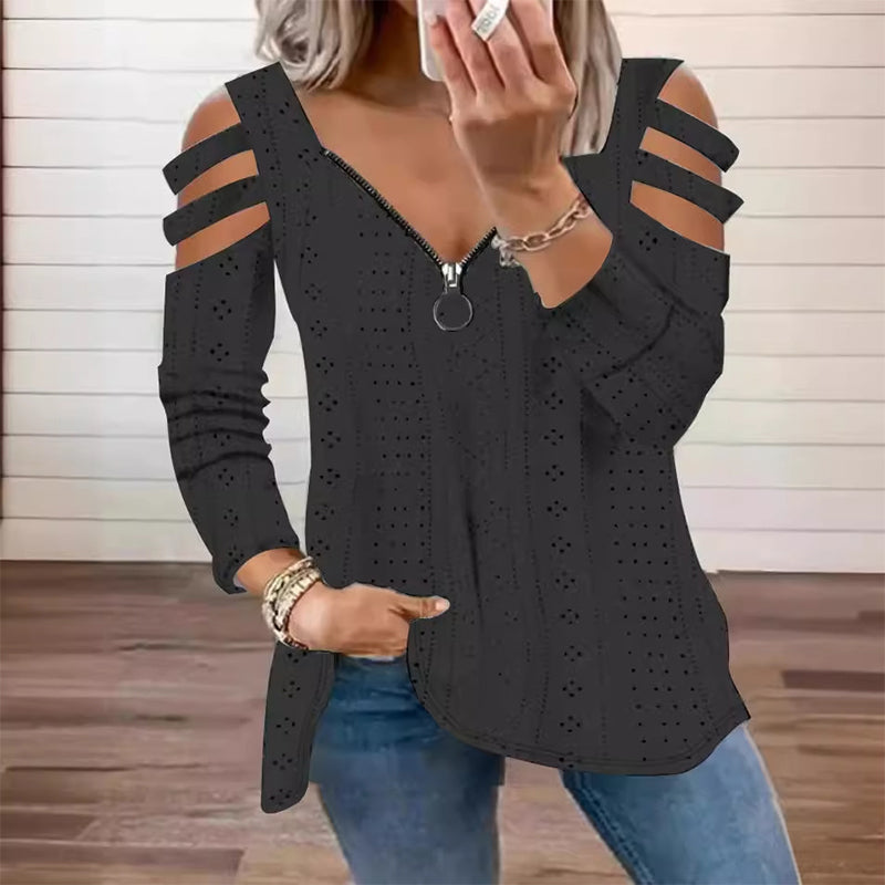 T-shirt med dragkedja och cold shoulder-design för kvinnor
