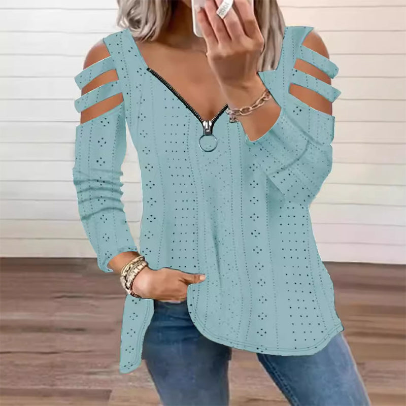 T-shirt med dragkedja och cold shoulder-design för kvinnor
