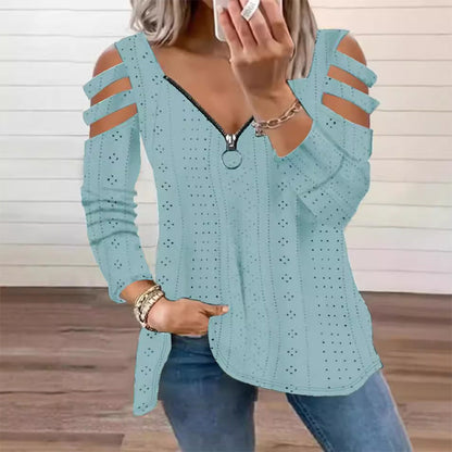 T-shirt med dragkedja och cold shoulder-design för kvinnor