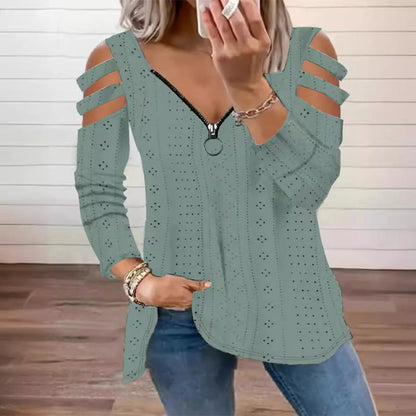 T-shirt med dragkedja och cold shoulder-design för kvinnor