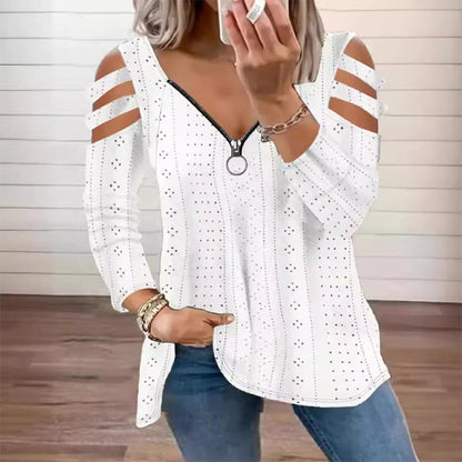 T-shirt med dragkedja och cold shoulder-design för kvinnor