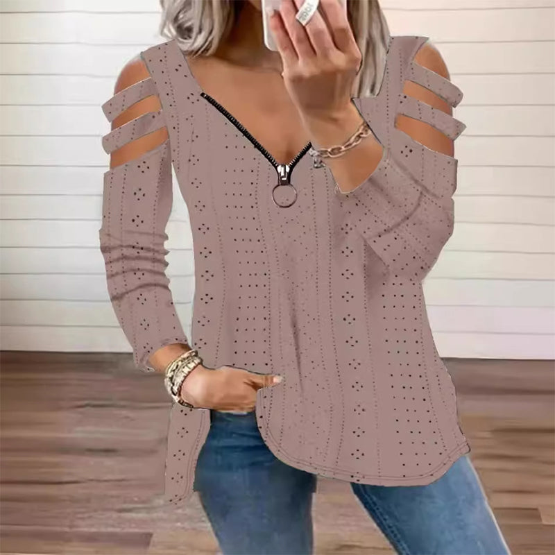 T-shirt med dragkedja och cold shoulder-design för kvinnor