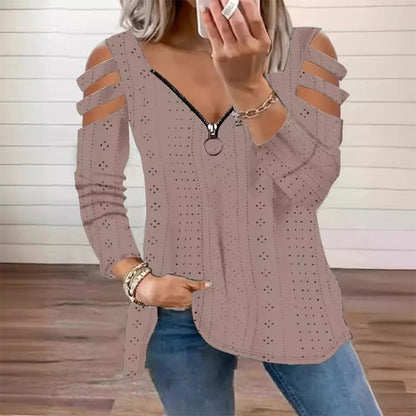 T-shirt med dragkedja och cold shoulder-design för kvinnor