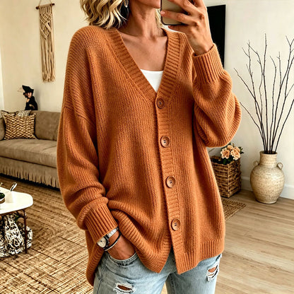 Stickad cardigan i oversize med V-ringning för kvinnor