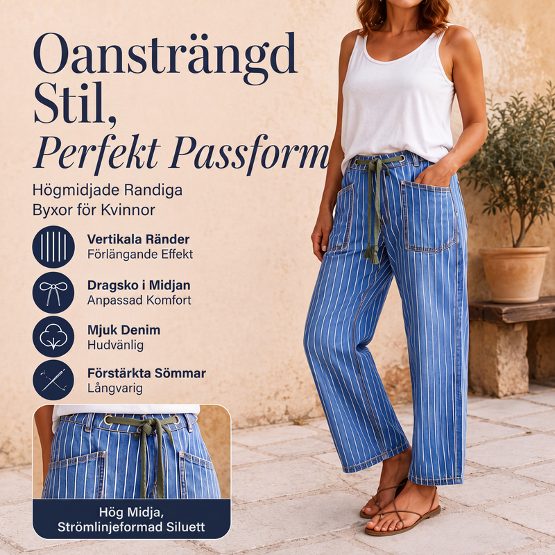 Damjeans i vertikalrandigt stretchigt tyg