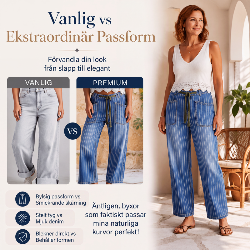 Damjeans i vertikalrandigt stretchigt tyg