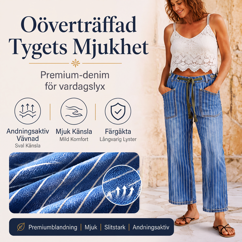 Damjeans i vertikalrandigt stretchigt tyg