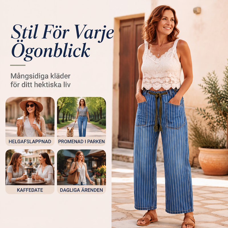 Damjeans i vertikalrandigt stretchigt tyg