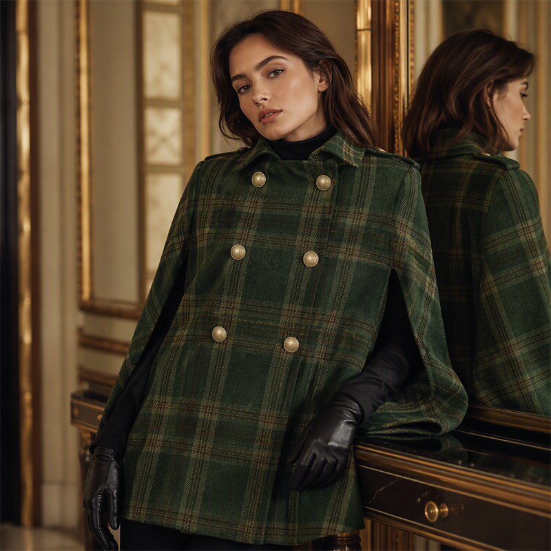 Nyhet✨ 🍂 Klassisk rutig kappa med metallknappar – värmande och stilren för kalla dagar